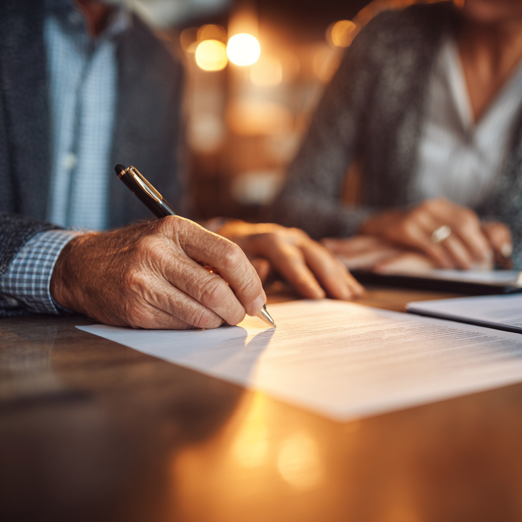 Elderly couple signing trust documents at a polished wooden table, representing legacy planning, wealth preservation, and secure estate protection through irrevocable trusts.